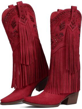 Women's Red Cowgirl Knee High Fringe Boots Pointed Toe Chunky Block Heel